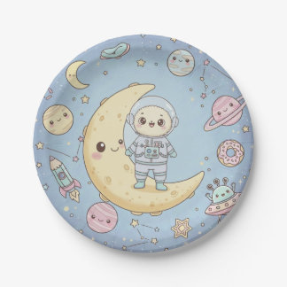 Cute Kawaii Space - Astronaut and Smiling Moon Paper Plates
