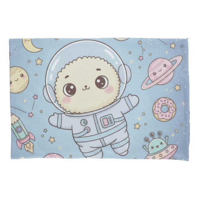Cute Kawaii Space - Astronaut and Smiling Moon Pillow Case (Front)