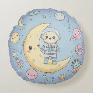 Cute Kawaii Space - Astronaut and Smiling Moon Round Pillow