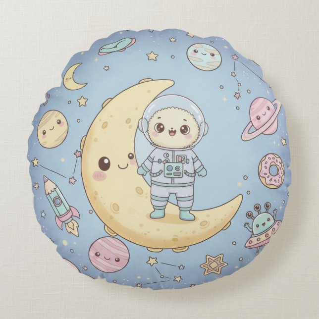 Cute Kawaii Space - Astronaut and Smiling Moon Round Pillow (Front)
