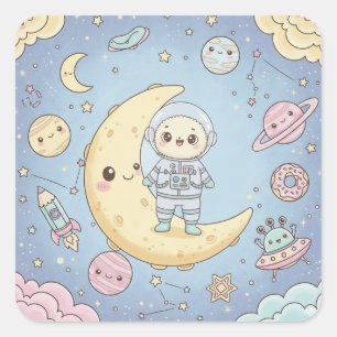Cute Kawaii Space - Astronaut and Smiling Moon Square Sticker