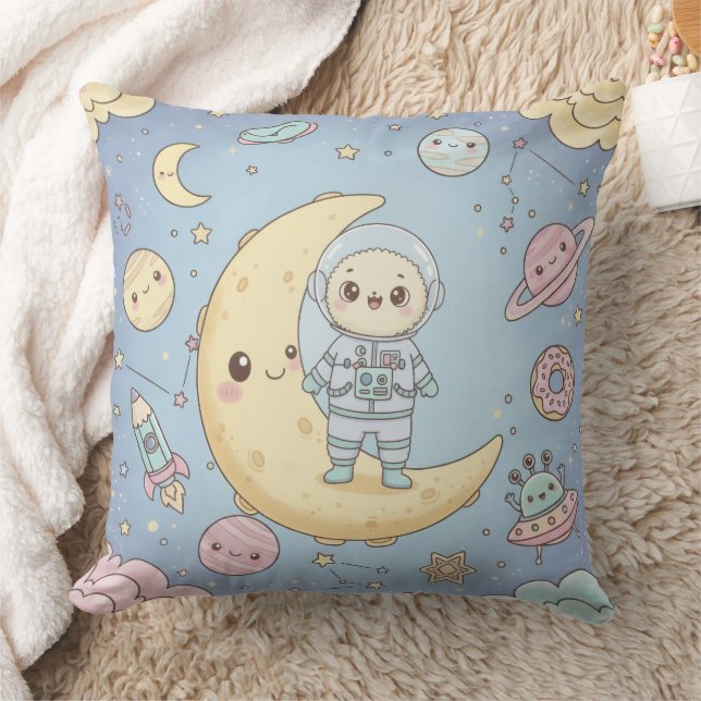 Cute Kawaii Space - Astronaut and Smiling Moon Throw Pillow (Blanket)