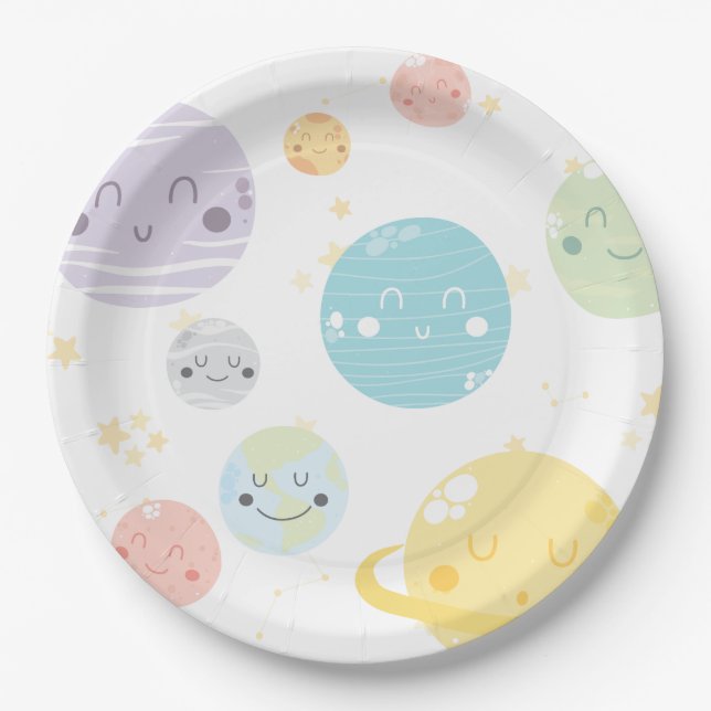 Cute Kawaii Space Stars & Planets Birthday Party Paper Plates (Front)