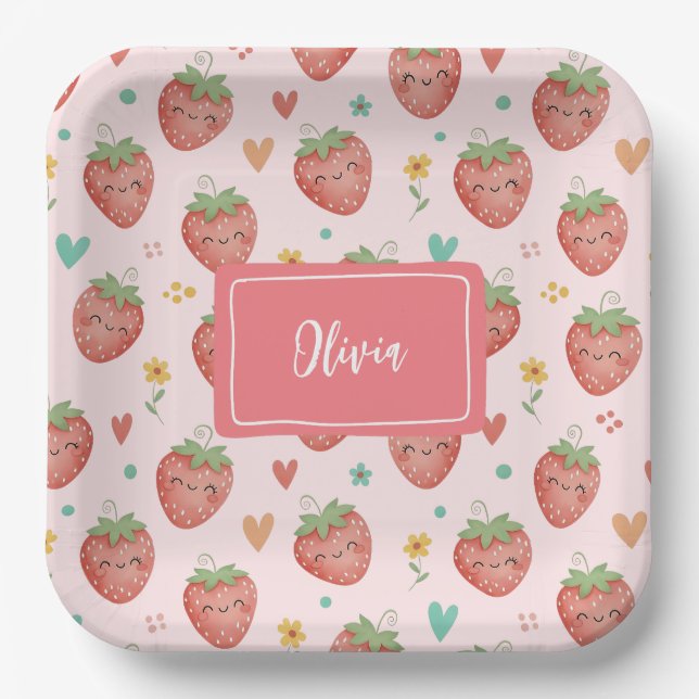Cute Kawaii Strawberries Paper Plates (Front)