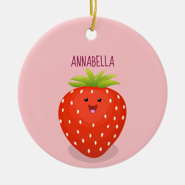 Cute kawaii strawberry cartoon illustration ceramic ornament (Front)