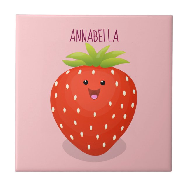 Cute kawaii strawberry cartoon illustration ceramic tile (Front)