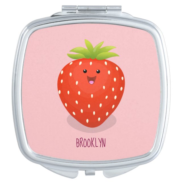Cute kawaii strawberry cartoon illustration compact mirror (Front)