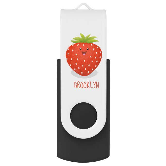 Cute kawaii strawberry cartoon illustration  flash drive (Front Vertical)