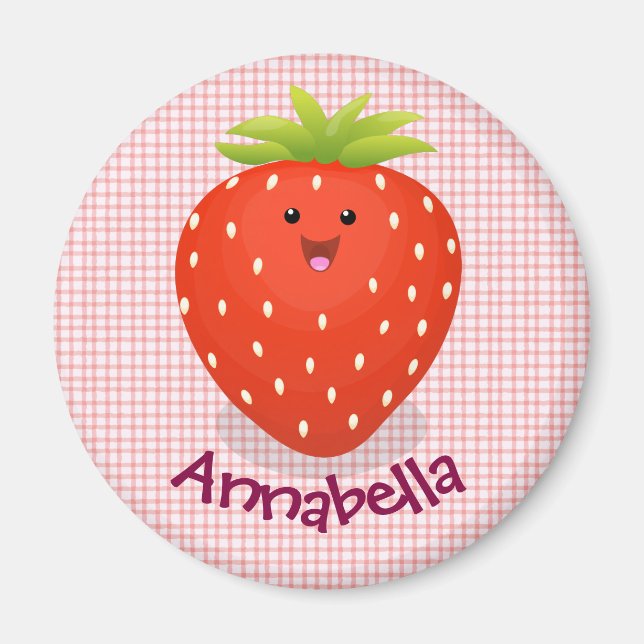 Cute kawaii strawberry cartoon illustration magnet (Front)