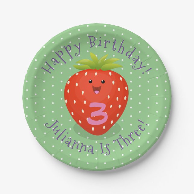 Cute kawaii strawberry cartoon illustration paper plates (Front)