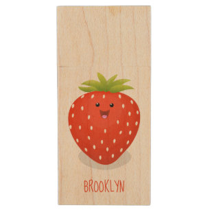 Cute kawaii strawberry cartoon illustration wood flash drive
