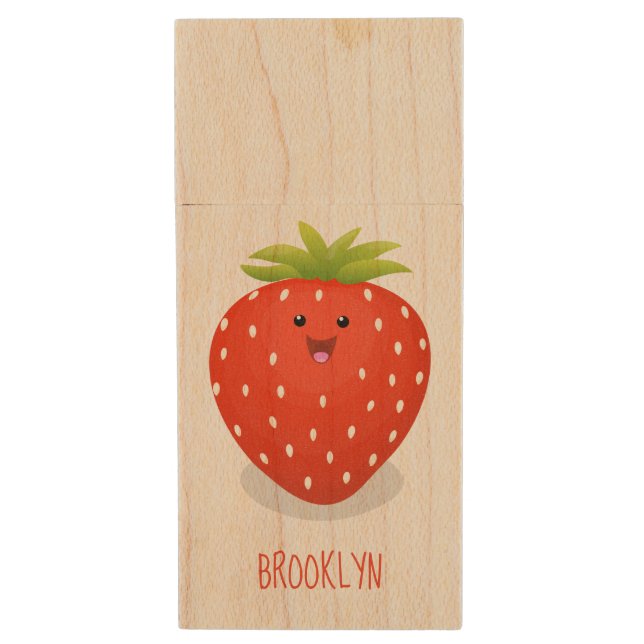 Cute kawaii strawberry cartoon illustration  wood flash drive (Front Vertical)