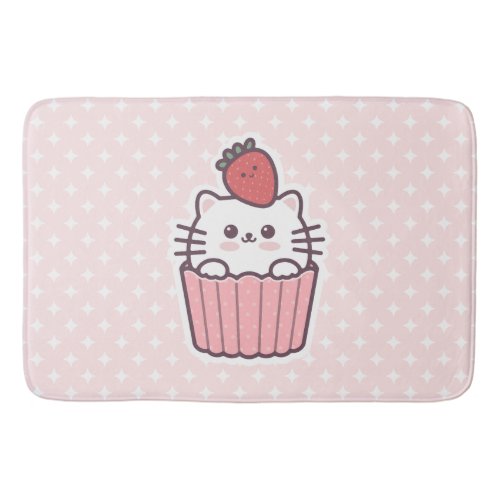 Cute Kawaii Strawberry Cat Cupcake Cartoon Bath Mat