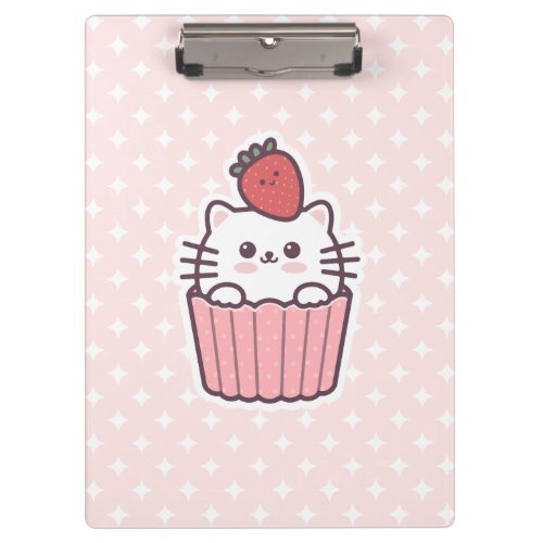 Cute Kawaii Strawberry Cat Cupcake Cartoon Clipboard