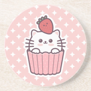 Cute Kawaii Strawberry Cat Cupcake Cartoon Coaster