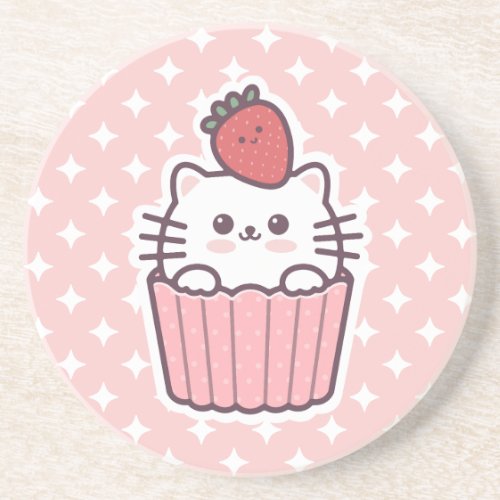 Cute Kawaii Strawberry Cat Cupcake Cartoon Coaster