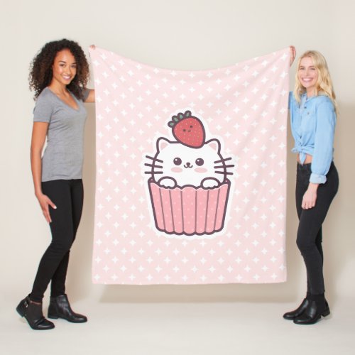 Cute Kawaii Strawberry Cat Cupcake Cartoon Fleece Blanket