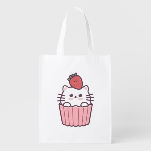 Cute Kawaii Strawberry Cat Cupcake Cartoon Grocery Bag