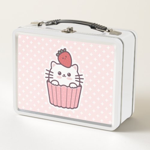 Cute Kawaii Strawberry Cat Cupcake Cartoon Metal Lunch Box