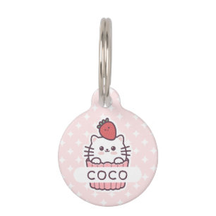 Cute Kawaii Strawberry Cat Cupcake Cartoon Pet ID Tag