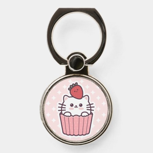 Cute Kawaii Strawberry Cat Cupcake Cartoon Phone Ring Stand