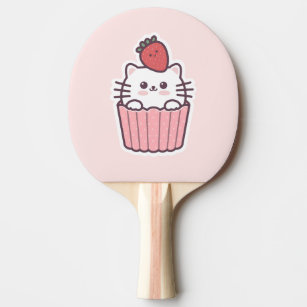 Cute Kawaii Strawberry Cat Cupcake Cartoon Ping Pong Paddle
