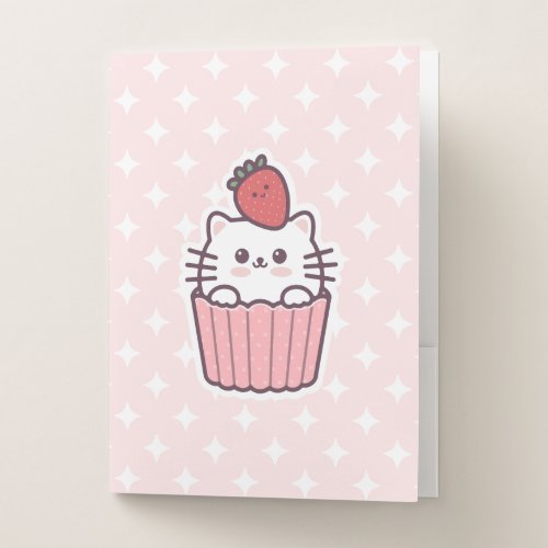 Cute Kawaii Strawberry Cat Cupcake Cartoon Pocket Folder