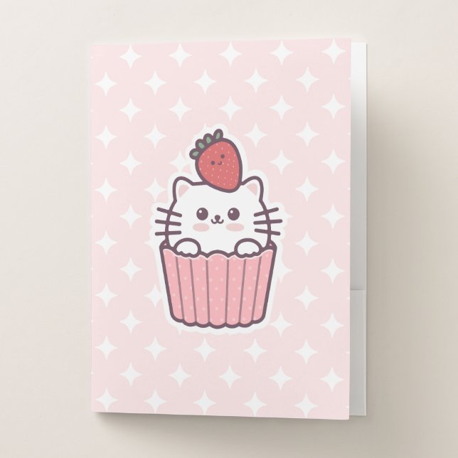 Cute Kawaii Strawberry Cat Cupcake Cartoon Pocket Folder (Front)