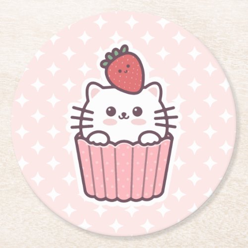 Cute Kawaii Strawberry Cat Cupcake Cartoon Round Paper Coaster