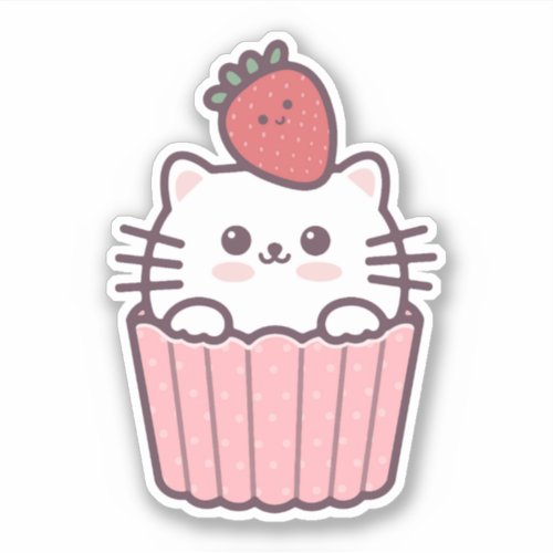 Cute Kawaii Strawberry Cat Cupcake Cartoon Sticker