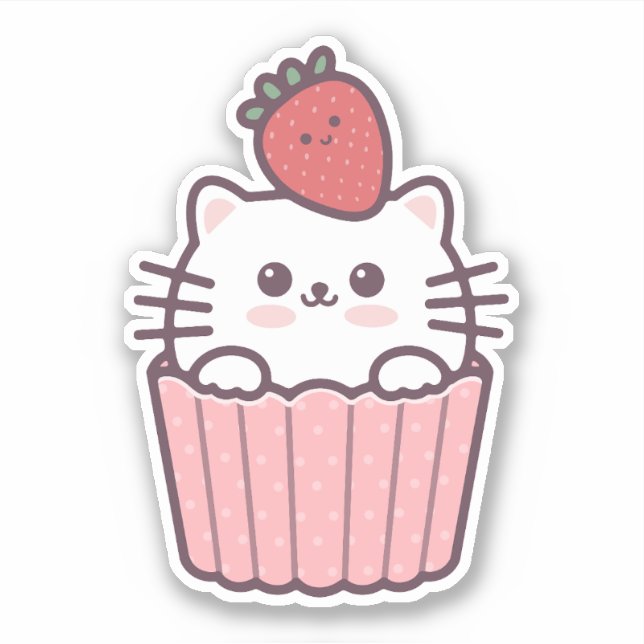 Cute Kawaii Strawberry Cat Cupcake Cartoon Sticker (Front)
