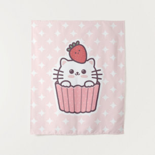 Cute Kawaii Strawberry Cat Cupcake Cartoon Tapestry