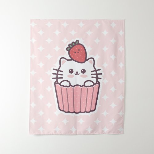Cute Kawaii Strawberry Cat Cupcake Cartoon Tapestry