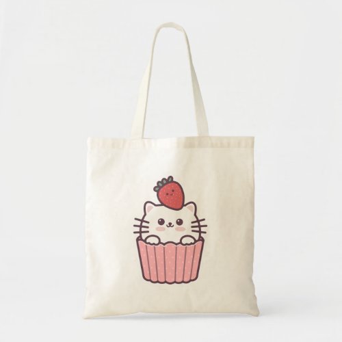 Cute Kawaii Strawberry Cat Cupcake Cartoon Tote Bag