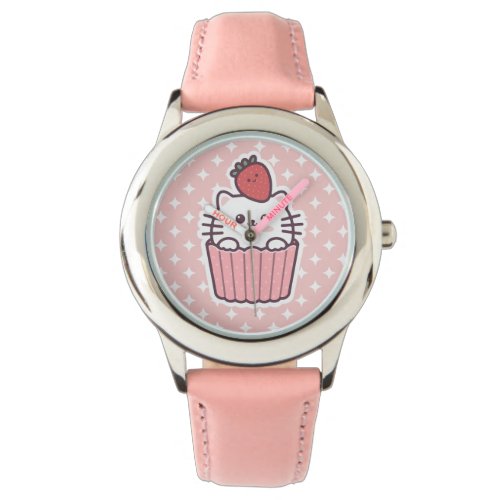 Cute Kawaii Strawberry Cat Cupcake Cartoon Watch
