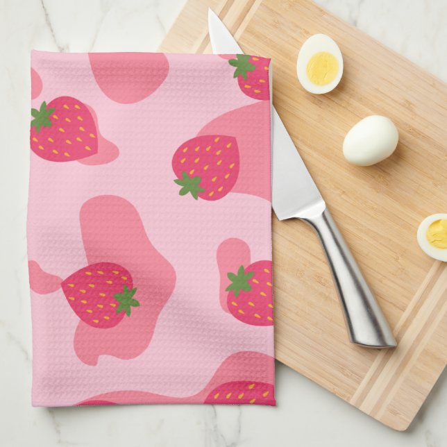 Cute Kawaii Strawberry Cow Pattern Kitchen Towel (Quarter Fold)