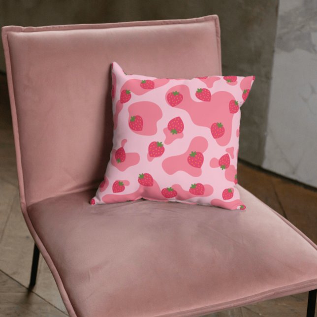 Cute Kawaii Strawberry Cow Pattern Throw Pillow (Creator Uploaded)