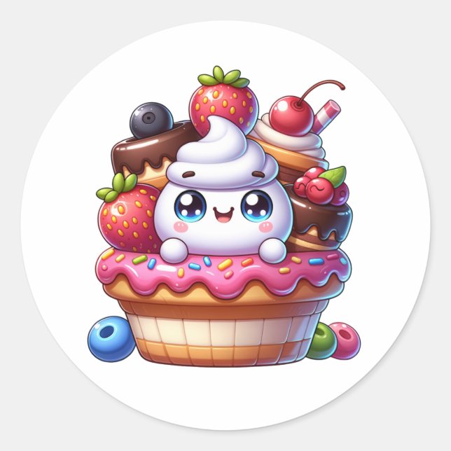 Cute Kawaii Strawberry Cupcake Classic Round Sticker (Front)
