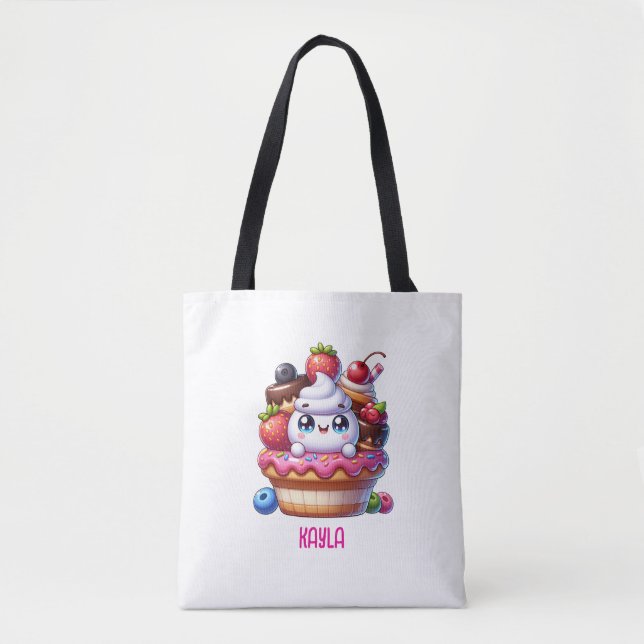 Cute Kawaii Strawberry Cupcake Personalized Tote Bag (Front)