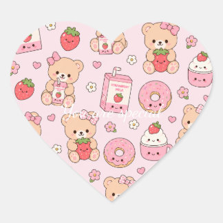 Cute Kawaii Strawberry Teddy Bear Pattern | Pink Heart Sticker