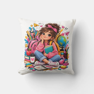 Cute Kawaii Student with Back to School Supplies  Throw Pillow