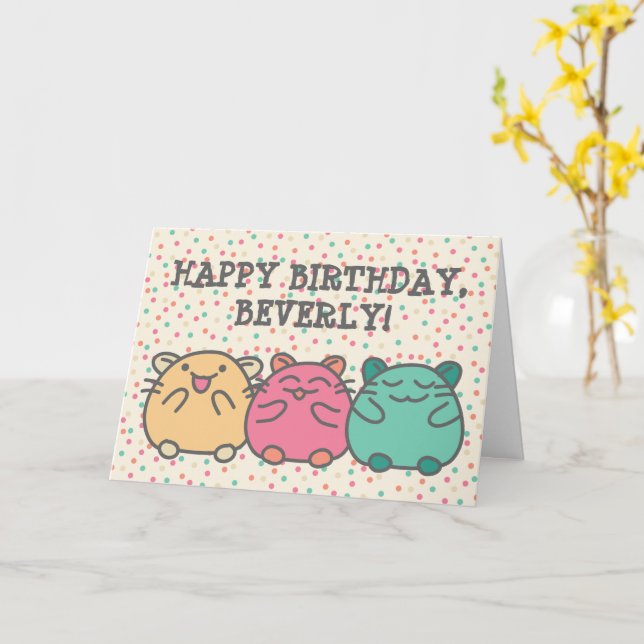 Cute Kawaii Style Cartoon Hamsters Personalized Card (Yellow Flower)