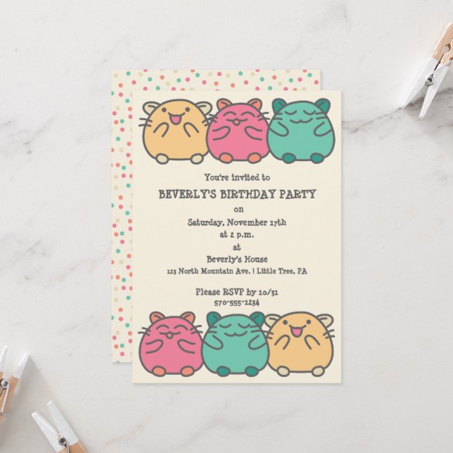 Cute Kawaii Style Cartoon Hamsters Personalized Invitation (Front/Back In Situ)