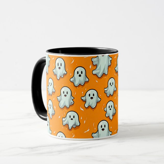 Cute Kawaii Style Ghosts on Orange  Mug (Front Left)
