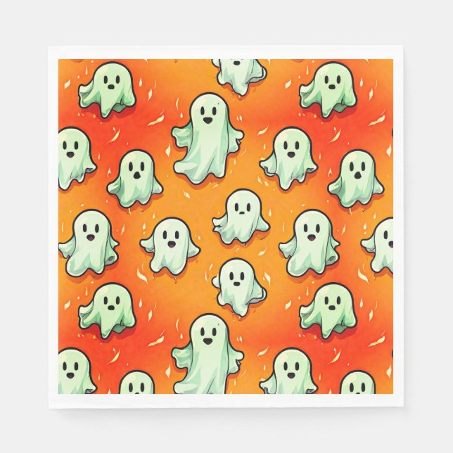 Cute Kawaii Style Ghosts on Orange Napkins (Front)