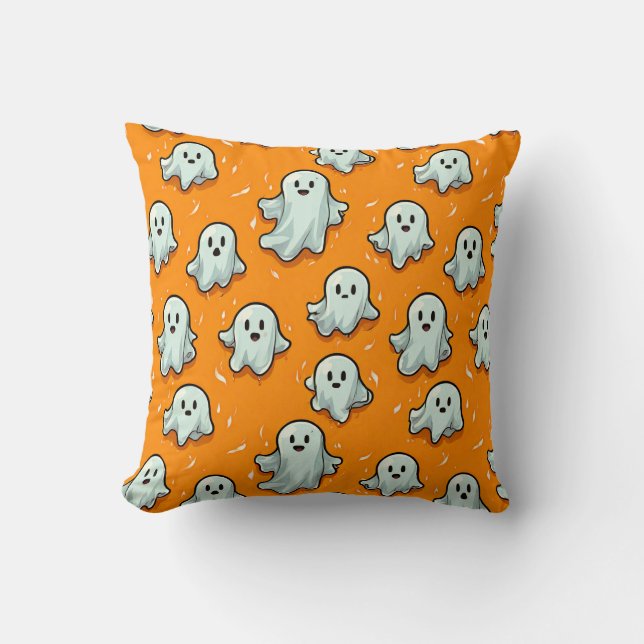 Cute Kawaii Style Ghosts on Orange  Throw Pillow (Front)