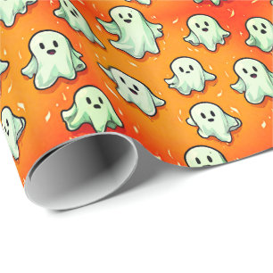 Cute Kawaii Style Ghosts on Orange Wrapping Paper