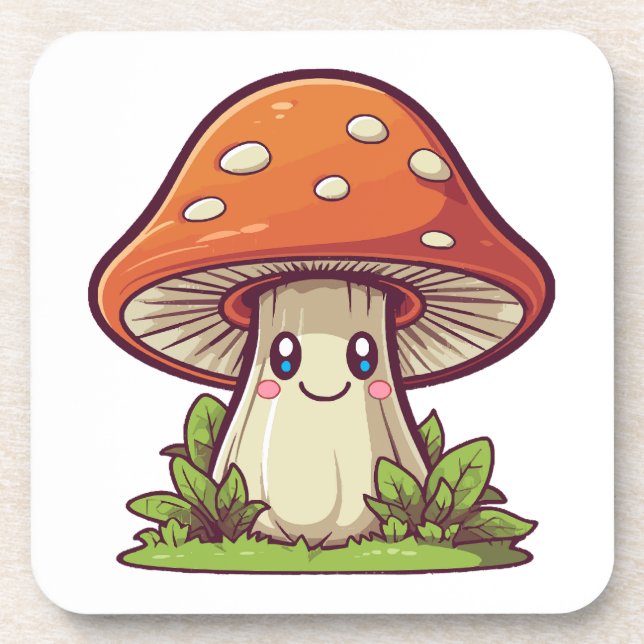 Cute kawaii style, Mushroom foraging Beverage Coaster (Front)