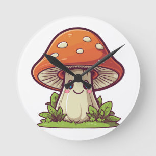 Cute kawaii style, Mushroom foraging Round Clock