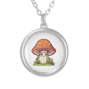 Cute kawaii style, Mushroom foraging Silver Plated Necklace